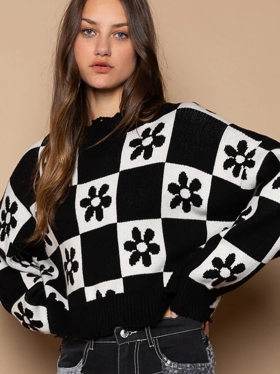 Hollister Sweaters - Hollister XS Black White Checkered Flower Crop Sweater - Y2K Cozy Knit